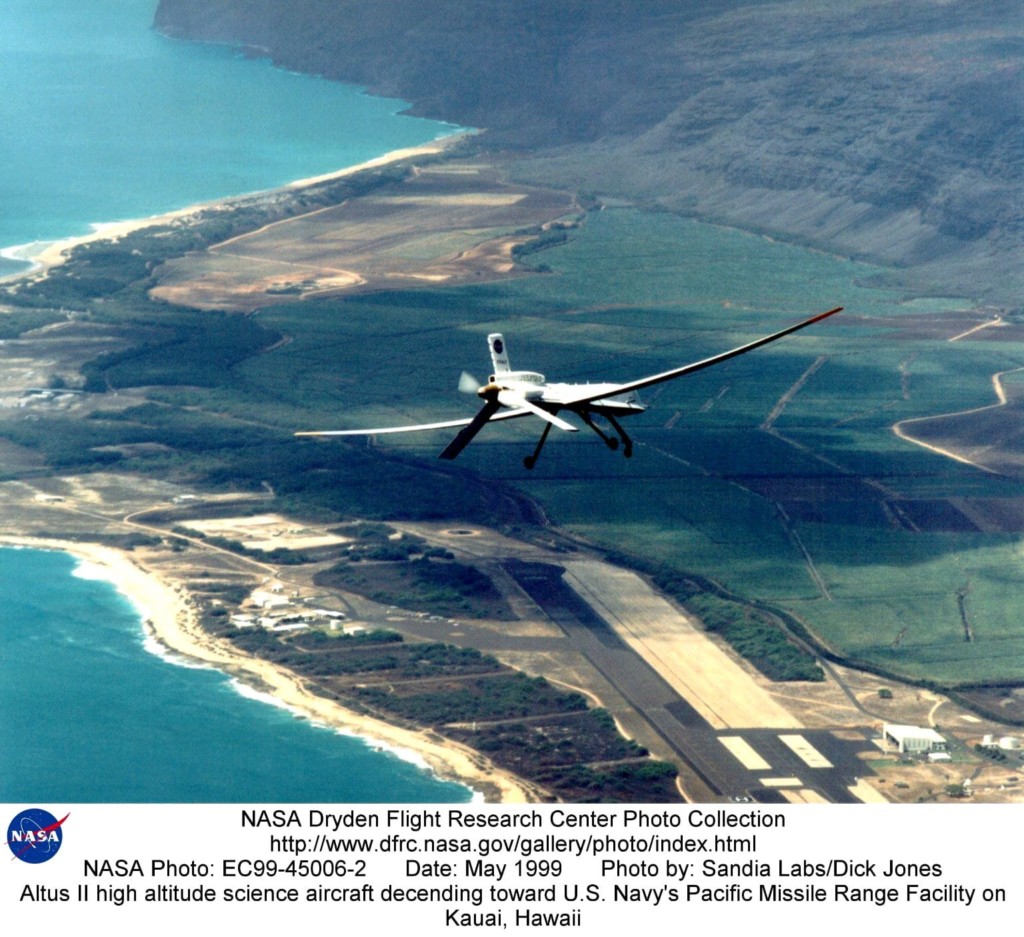 Altus II high altitude science aircraft decending toward U.S. Navy's Pacific Missile Range Facility