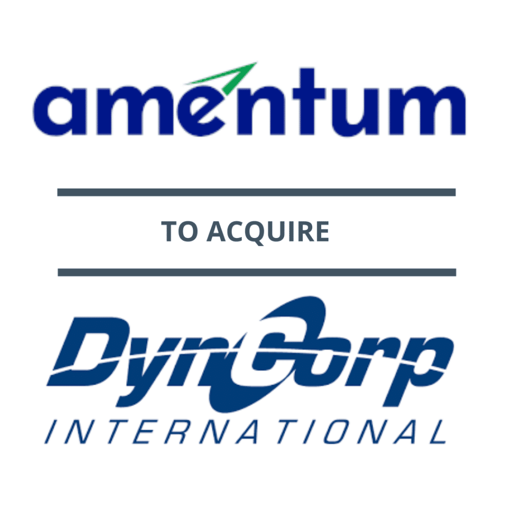 Amentum logo above the text "TO ACQUIRE" and DynCorp International logo below.