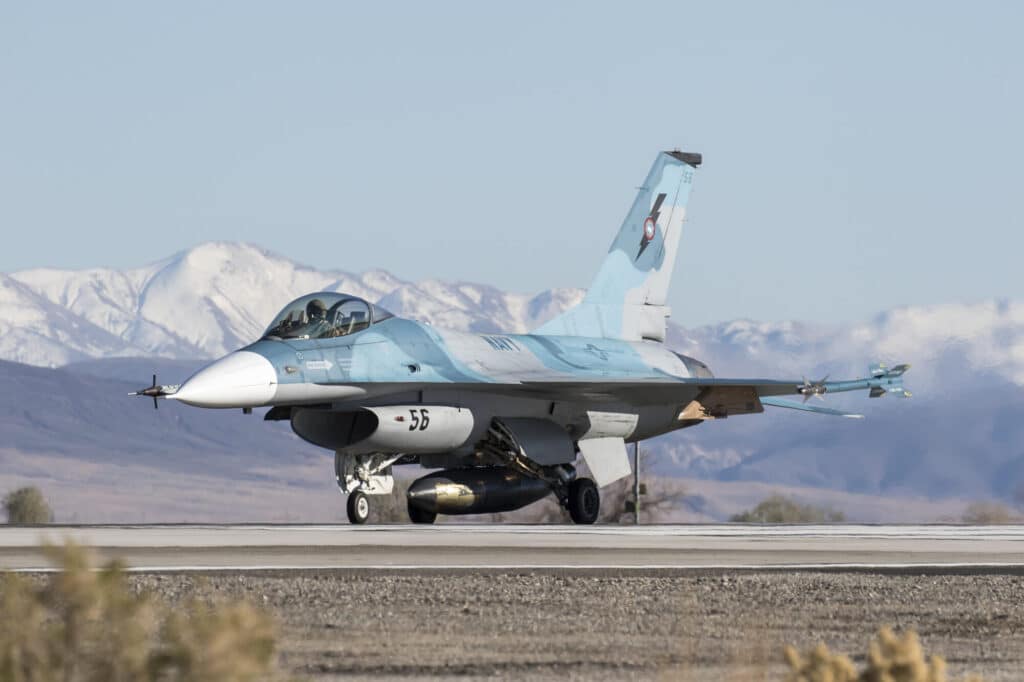 F 16 NAWDC Aggressor waiting for clearance to light the candle at NAS Fallon.