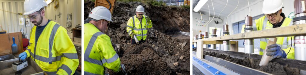 An on-site health physics survey; detecting radioactive material in contaminated soil, and an example of a bespoke radiation characterisation system in action.