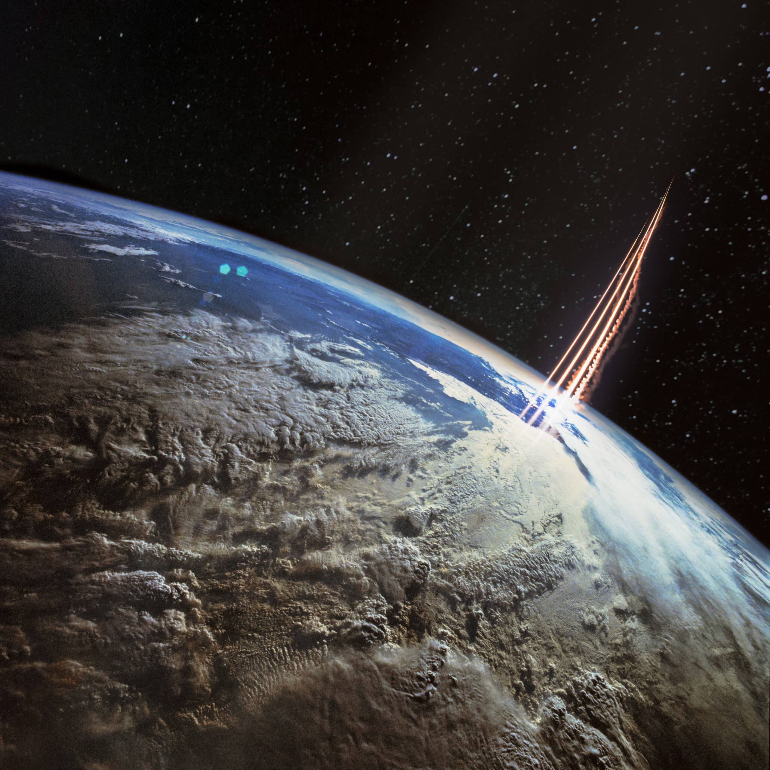 Rocket shooting upward over a satellite image of Earth