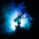 Silhouettes,Of,Satellite,Dishes,Or,Radio,Antennas,Against,Night,Sky.