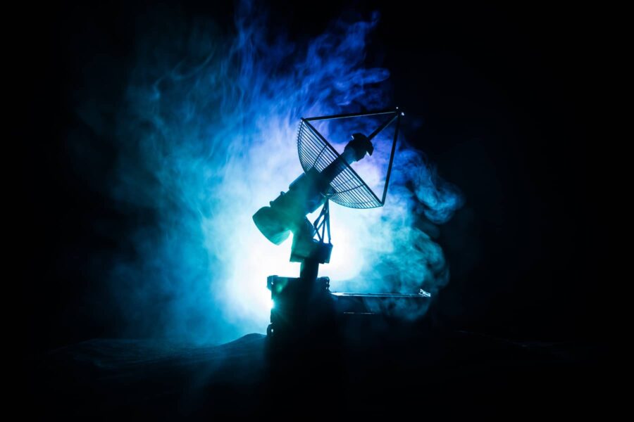 Silhouettes,Of,Satellite,Dishes,Or,Radio,Antennas,Against,Night,Sky.